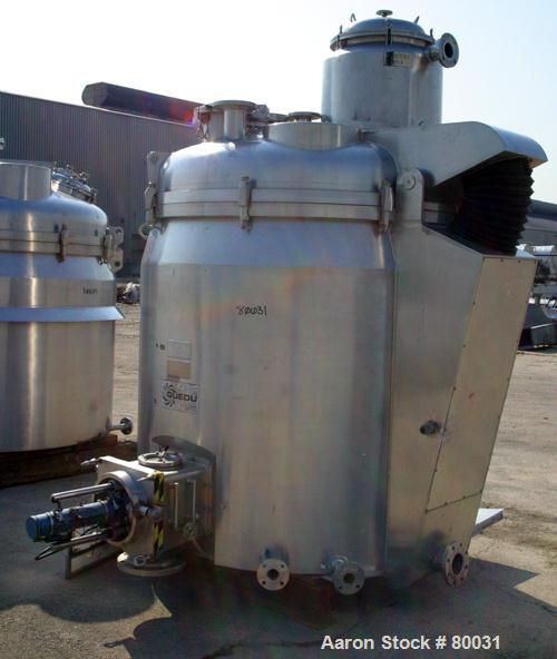 USED: Guedu pan dryer, Hastelloy C-22 contact areas. 1000 to 2000 liter working capacity, 3000 liter total. Vessel is 68" diameter x 70" straight side, dished bolt-on top, flat bottom. Internal rated...