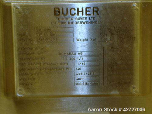 Used Steri Tech Bucher Vacuum Shelf Dryer, Type VTS E13M2, 3 square meter (30 square feet), 316L stainless steel. Halar lined chamber, shelves and door, (4) 41.75" wide x 39.5" deep shelves rated 
-1...
