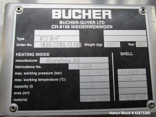Used Bucher Vacuum Shelf Dryer, Model VTS8MT2. 8 Square meter (86 square feet) shelf area, Hastelloy C276 construction. Internal chamber rated -1/+ 9.5 bar (136.3 psi) at 150 degrees C. 304 Stainless...