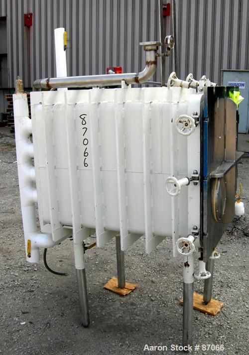 USED: Hull Corp vacuum shelf dryer, approximate 20 square feet. 316 stainless steel chamber 30" wide x 29" high x 41" deep, rated 25 psi at 350 deg F. (4) 24" wide x 36" deep x 1" thick jacketed 316 ...