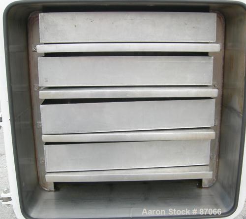 USED: Hull Corp vacuum shelf dryer, approximate 20 square feet. 316 stainless steel chamber 30" wide x 29" high x 41" deep, rated 25 psi at 350 deg F. (4) 24" wide x 36" deep x 1" thick jacketed 316 ...