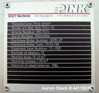 Used Pink Thermosysteme Gmbh Vacuum Tray Dryer, Approximate 110 Square Feet, Model VT-1100-950-1550-10, Stainless Steel. Chamber rated 4 Bar (60 PSI)/Full Vacuum. (9) 316L Trays approximate 43" x 37"...