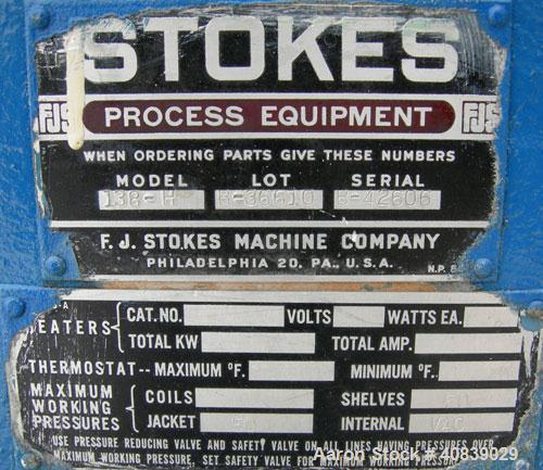 Used Stokes Vacuum Shelf Dryer, Model 138-H, Approximately 97.6 Square Feet, Carbon Steel. (8) 44" Wide x 40" deep x 1" thick jacketed shelves, 4" spacing between shelves. Jacket and shelves rated 50...