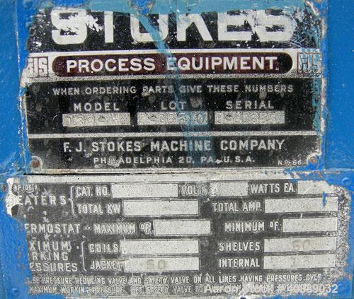 Used Stokes Vacuum Shelf Dryer, Model 138-H, Approximately 97.6 Square Feet, Carbon Steel. (8) 44" Wide x 40" deep x 1" thick jacketed shelves, (1) 316 stainless steel, 4" spacing between shelves. Ja...