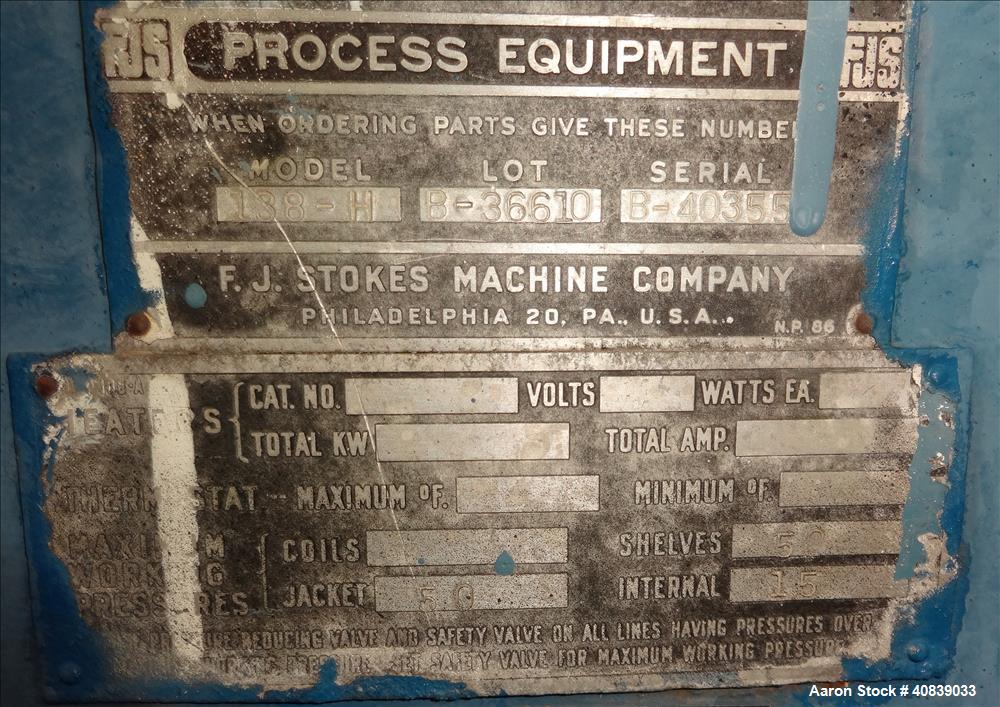 Used Stokes Vacuum Shelf Dryer, Model 138-H