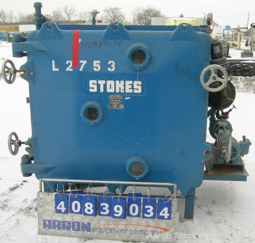 Used Stokes Vacuum Shelf Dryer, Model 138-H, Approximately 97.6 Square Feet, Carbon Steel. (8) 44" Wide x 40" deep x 1" thick jacketed shelves, 4" spacing between shelves. Jacket and shelves rated 50...