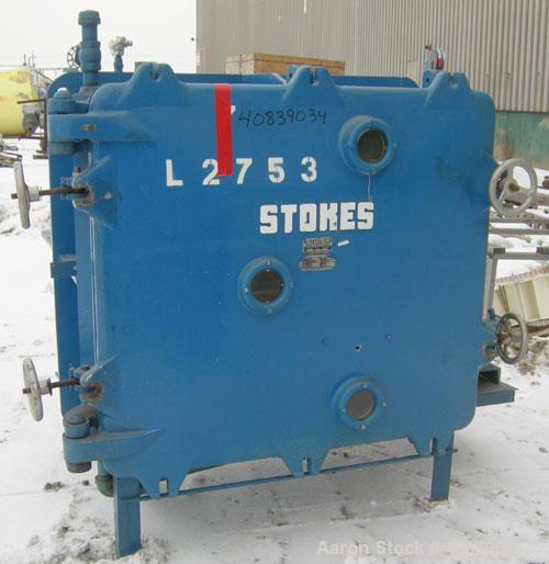 Used Stokes Vacuum Shelf Dryer, Model 138-H, Approximately 97.6 Square Feet, Carbon Steel. (8) 44" Wide x 40" deep x 1" thick jacketed shelves, 4" spacing between shelves. Jacket and shelves rated 50...