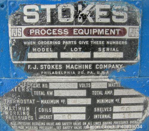 Used Stokes Vacuum Shelf Dryer, Model 138-H, Approximately 97.6 Square Feet, Carbon Steel. (8) 44" Wide x 40" deep x 1" thick jacketed shelves, 4" spacing between shelves. Jacket and shelves rated 50...
