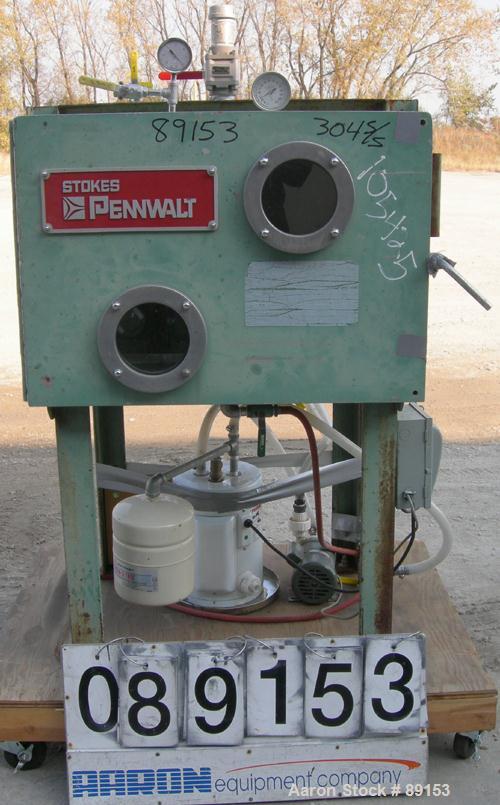 USED: Stokes vacuum shelf dryer, model 338-B-2, 8 square feet, 304 stainless steel. (3) 24" wide x 24" deep x 1" thick shelves, (2) usable, rated 50 psi with FV at 650 deg F. 7.6" spacing between she...