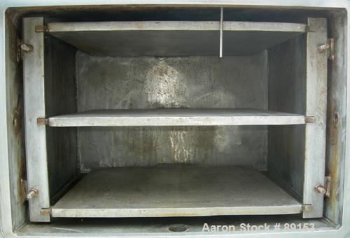 USED: Stokes vacuum shelf dryer, model 338-B-2, 8 square feet, 304 stainless steel. (3) 24" wide x 24" deep x 1" thick shelves, (2) usable, rated 50 psi with FV at 650 deg F. 7.6" spacing between she...