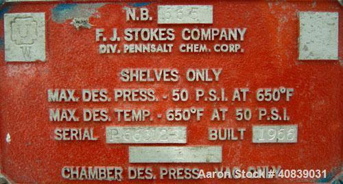 Used Stokes Vacuum Shelf Dryer, Model 338-H, Approximately 73.3 Square Feet, Carbon Steel. (6) 44" Wide x 40" deep x 1" thick jacketed shelves, (5) 304 stainless steel. 5-1/2" spacing between shelves...