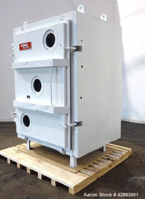 Used Stokes Vacuum Shelf Dryer, Model 338J-22. Approximately 268.8 square feet shelf area, 304 stainless steel. (22) 44" wide x 40" deep x 3/4" thick 304 stainless steel shelves, rated 50 psi at 650 ...