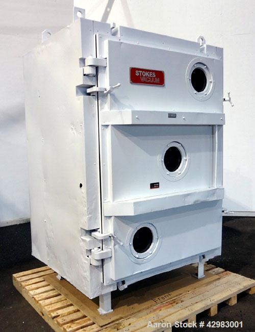 Used Stokes Vacuum Shelf Dryer, Model 338J-22. Approximately 268.8 square feet shelf area, 304 stainless steel. (22) 44" wide x 40" deep x 3/4" thick 304 stainless steel shelves, rated 50 psi at 650 ...