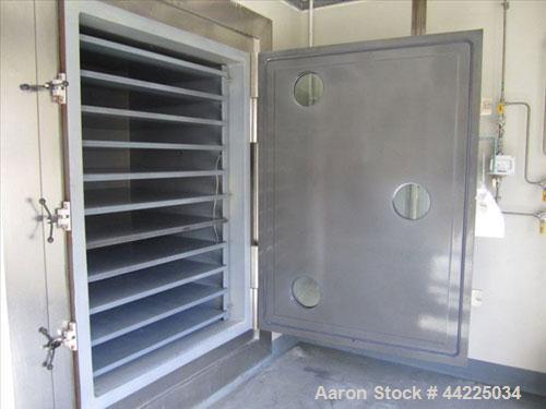 Used Stokes Vacuum Shelf Dryer, Model 900-338-205. Halar lined carbon steel. (10) 44" x 40" Shelves, 5.6" spacing, 95.2 cubic foot chamber, 122 sqaure foot shelf area. Chamber rated vacuum at 300 deg...