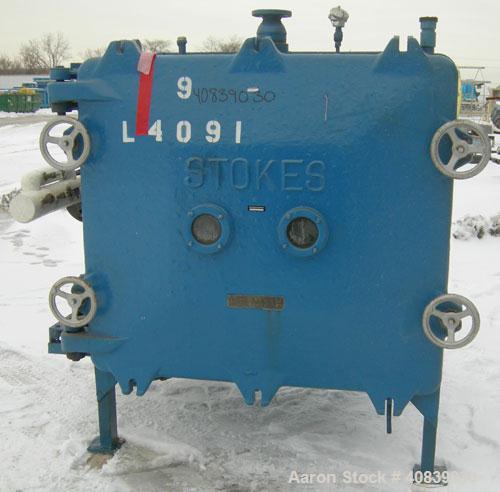 Used Stokes Vacuum Shelf Dryer, Approximately 109.8 Square Feet, Carbon Steel. (9) 44" Wide x 40" deep x 1/2" thick jacketed shelves, 3-3/4" spacing between shelves. Shelves rated 50 psi. Chamber app...