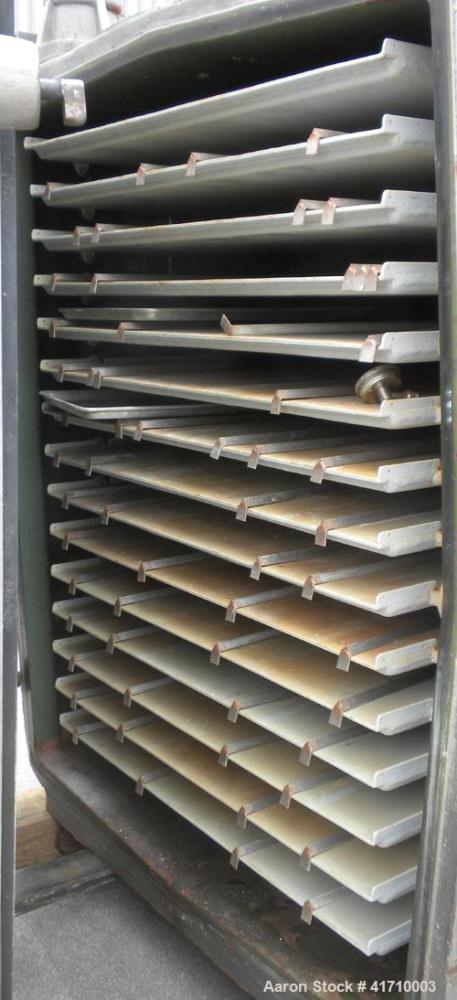 Used Von Roll Vacuum Shelf Dryer, approximately 183 square feet, carbon steel. (15) 48-3/4" wide x 35" deep jacketed coated shelves. 3" spacing between shelves. Internal chamber approximately 50" wid...