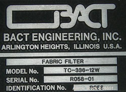 Used Bact Engineering Pulse Jet Dust Collector, Model TC-336-12M, 6,861 Square Feet Filter Area, Carbon Steel. 26,000 ACFM. 336 filters. Ambient at 250 deg F. (28) 1.5" pulse valves. 
