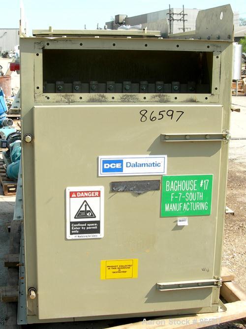 Used DCE Dalamatic Automatic Reverse Jet Cased Dust Collector, Model DLM 1/2/15. 320 square feet filter area. Carbon steel housing measures 40" x 57" x 90" long. Includes bottom hopper, stand and a N...