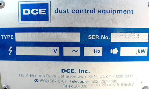 Used DCE Dalamatic Automatic Reverse Jet Cased Dust Collector, Model DLM 1/2/15. 320 square feet filter area. Carbon steel housing measures 40" x 57" x 90" long. Includes bottom hopper, stand and a N...