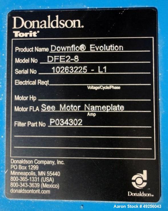 Used Donaldson Torit Model DFE2-8 Quick Ship Dust Collector, Serial number 10263225-L1, filter part number P034302, accommodates 55 gal drum, 8 ultra web filters, 2,032 square feet filter media, 1020...