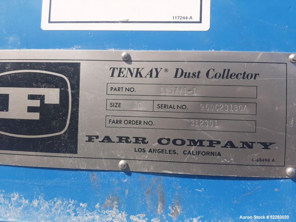Used Farr Tenkay Cartridge Type Dust Collector, Model 2C. 800 CFM. Rated for 564 square feet filtering area with (2) cartridges measuring 12.75" diameter x 34.5" long. Includes 8" air inlet, 6.5" x 4...