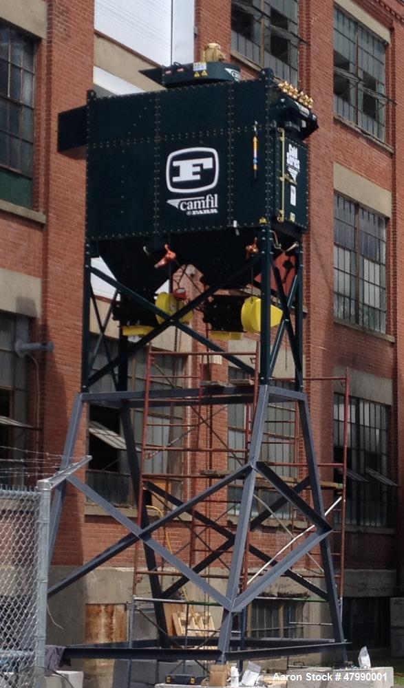 Used Camfil Farr Dust Collector, Model GS6. up to 4,000 cfm. (4) Cartridges mounted in a symmetrical frame. Features: waste collection drum. Automatic cleaning control module. 15kw heavy duty fan, ve...