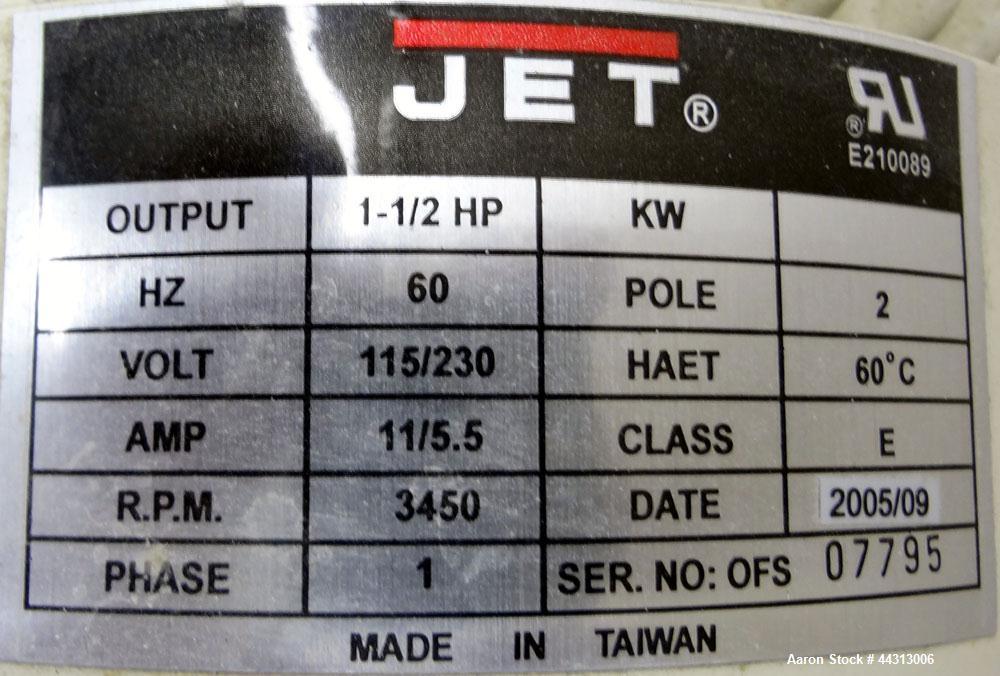 Used JET Dust Collector, Model DC-1100A, Carbon Steel. Approximately 1100 cfm. 20” Bag diameter, collection capacity 5.3 cubic feet.  Includes a 1-1/2 hp, 1/60/115/230 volt, 3450 rpm blower. Mounted ...