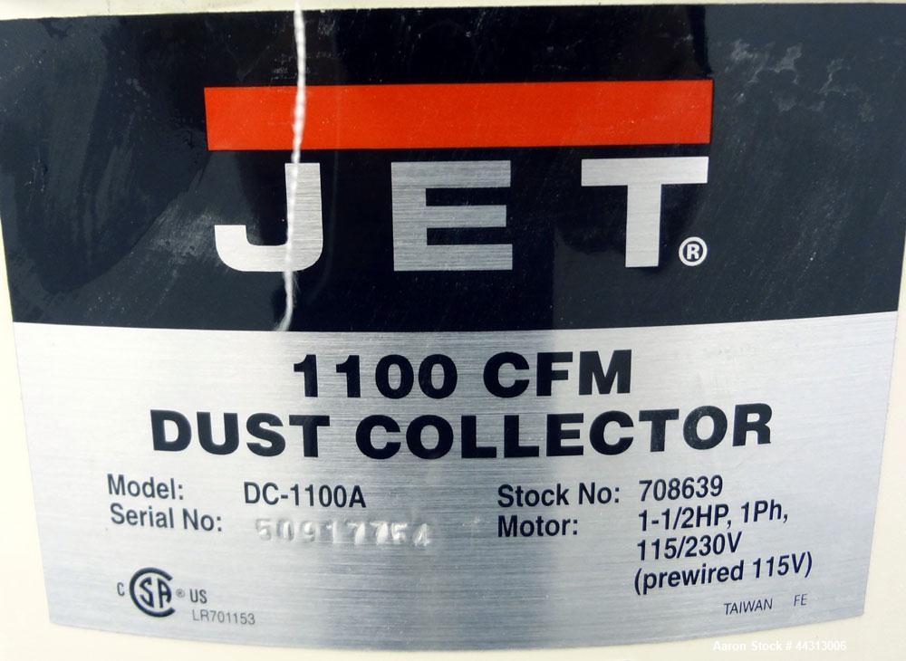 Used JET Dust Collector, Model DC-1100A, Carbon Steel. Approximately 1100 cfm. 20” Bag diameter, collection capacity 5.3 cubic feet.  Includes a 1-1/2 hp, 1/60/115/230 volt, 3450 rpm blower. Mounted ...