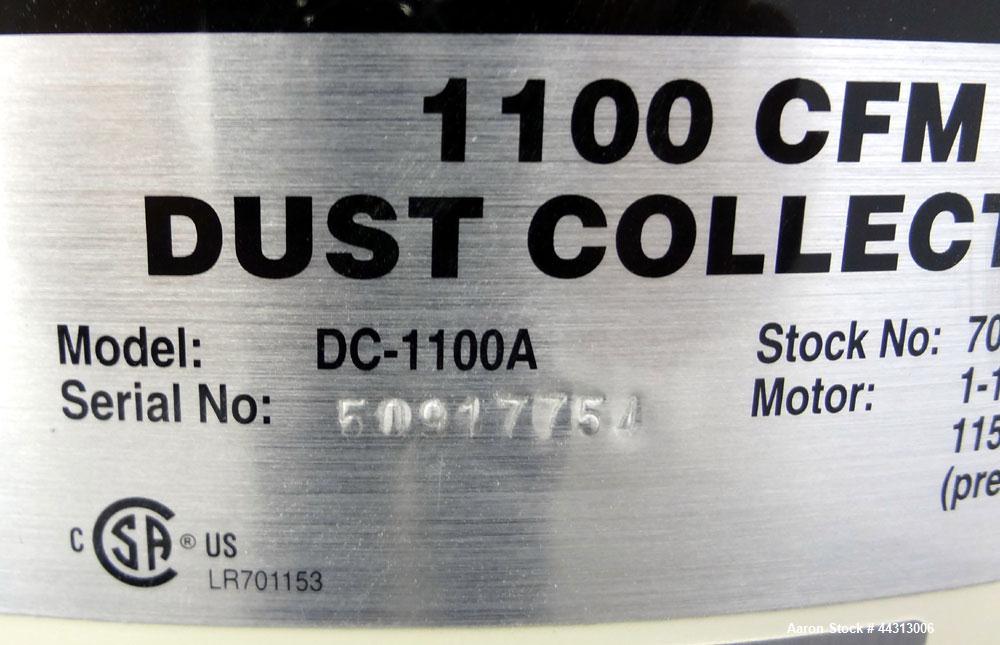 Used JET Dust Collector, Model DC-1100A, Carbon Steel. Approximately 1100 cfm. 20” Bag diameter, collection capacity 5.3 cubic feet.  Includes a 1-1/2 hp, 1/60/115/230 volt, 3450 rpm blower. Mounted ...
