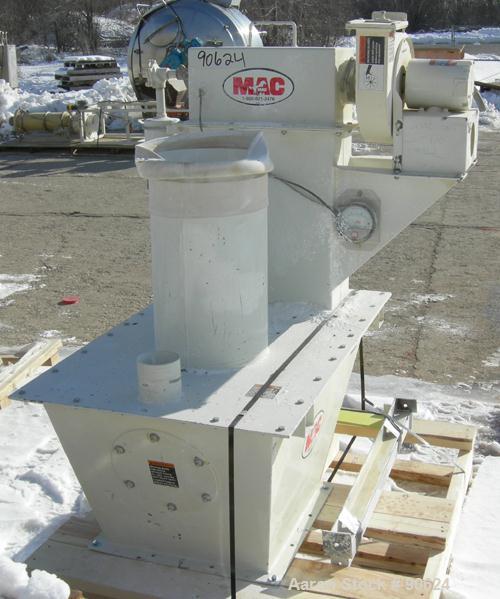 Used: MAC bin vent pulse jet dust collector, model 19AVC2, carbon steel. Approx 34 square feet filter area. (2) cartridge style filters. Includes a top mounted 1/2hp, 3/60/208-230/460 volt, 3450 rpm ...