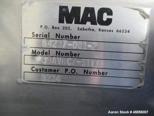 Used MAC Dust Collector, Approximately 252 Square Feet, Model 39AVRC7-STY3, Stainless Steel. (7) 39" Long pleated bags, 28" diameter, pulse jet, removable cone bottom, side entry, serial #64237-001-2.