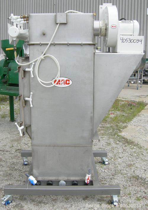 Used MAC Bin Vent Pulse Jet Dust Collector, Model 54AVS9, 304 stainless steel. Approximately 67 square feet filter area, 3.6 SCFM. Housing measures 26" wide x 26" long x 58" tall x 12" top plenum. (9...