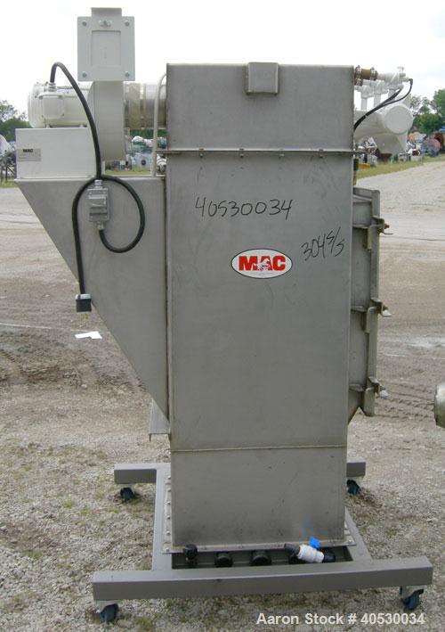 Used MAC Bin Vent Pulse Jet Dust Collector, Model 54AVS9, 304 stainless steel. Approximately 67 square feet filter area, 3.6 SCFM. Housing measures 26" wide x 26" long x 58" tall x 12" top plenum. (9...