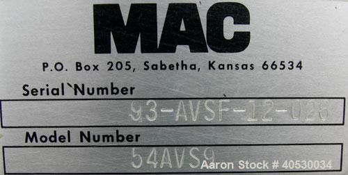 Used MAC Bin Vent Pulse Jet Dust Collector, Model 54AVS9, 304 stainless steel. Approximately 67 square feet filter area, 3.6 SCFM. Housing measures 26" wide x 26" long x 58" tall x 12" top plenum. (9...