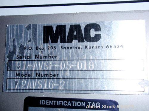 Used MAC Bin Vent Pulse Jet Dust Collector, Model 72AVS16-2, Stainless Steel. 159 square feet filter area, 5 SCFM. Housing measures 34 1/2'' wide x 34 1/2'' long x approximate 88'' overall height. Ca...