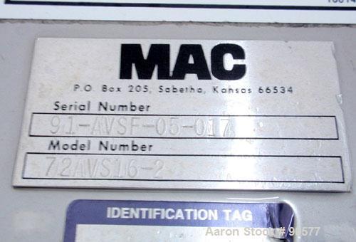 Used MAC Bin Vent Pulse Jet Dust Collector, Model 72AVS16-2, Stainless Steel. 159 square feet filter area, 5 SCFM. Housing measures 34 1/2'' wide x 34 1/2'' long x approximate 88'' overall height. Ca...