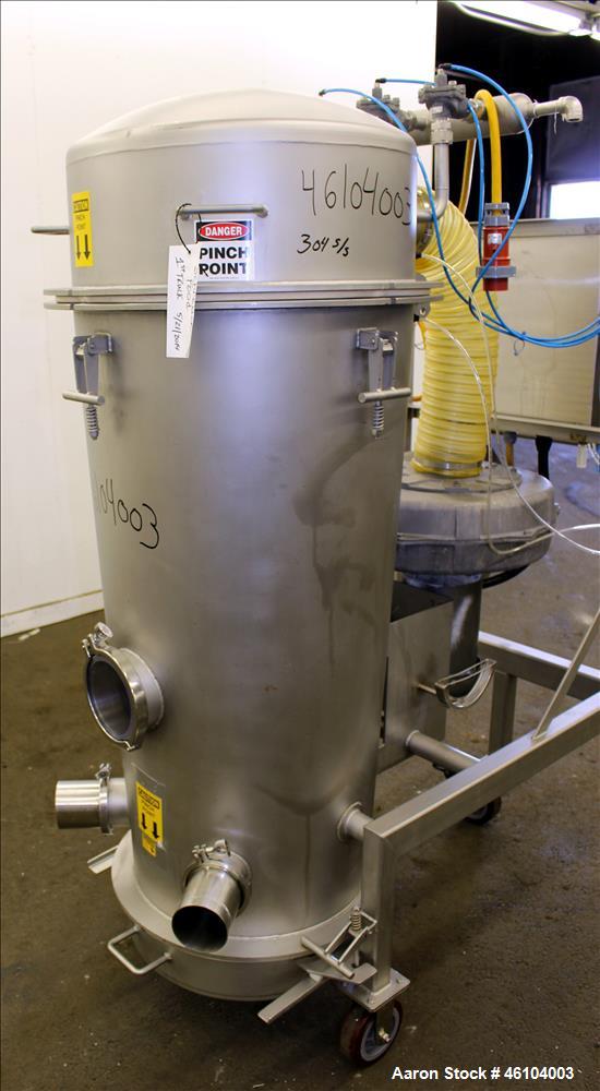 Used Marchant Schmidt Portable Sanitary Dust Collector System, Model SDC1300, 304 Stainless Steel. Approximately 1300 cfm, 25 square foot filter are. Approximately 24" diameter x 48" straight side, 8...