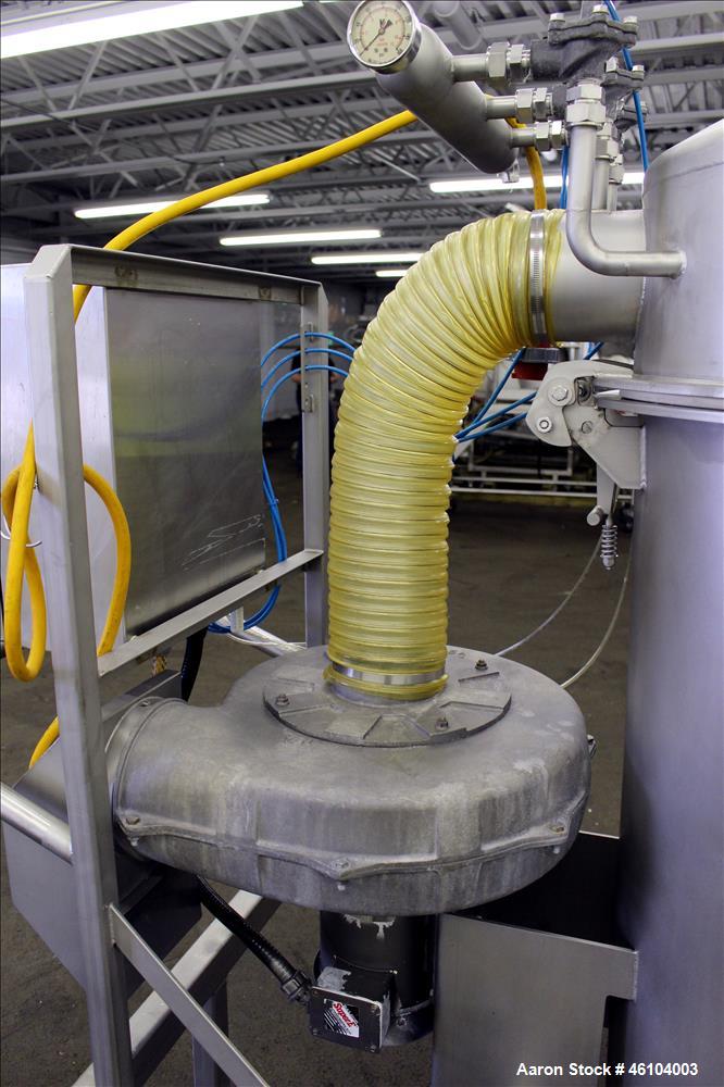 Used Marchant Schmidt Portable Sanitary Dust Collector System, Model SDC1300, 304 Stainless Steel. Approximately 1300 cfm, 25 square foot filter are. Approximately 24" diameter x 48" straight side, 8...