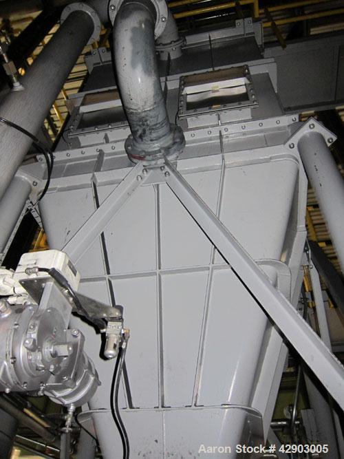 Used Nippon Pneumatic Pulse Jet Dust Collector, Model PBF-50, 538 Square Filter Area. Carbon steel housing 60" wide x 60" long x 66" tall, 12" top plenum, coned bottom. Oval type bags and cages, side...