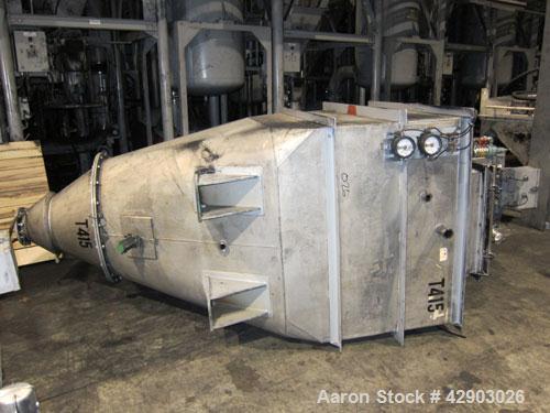 Used NPK Bin Vent Dust Collector, Model PBF-PPC-5, Stainless Steel. 53 Square feet filter area. Mounted on an approximate 65 cubic feet stainless steel bin.