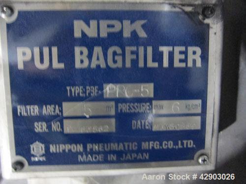 Used NPK Bin Vent Dust Collector, Model PBF-PPC-5, Stainless Steel. 53 Square feet filter area. Mounted on an approximate 65 cubic feet stainless steel bin.