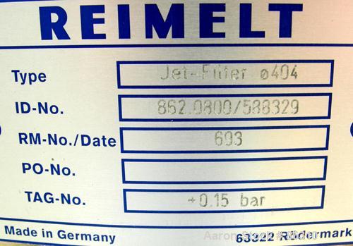 Unused-UNUSED: Reimelt bin vent dust collector, model Jet Filter, stainless steel. Approx 12 square feet filter area. Housing measures 16" diameter x 38" straight side x top plenum. Side access door.
