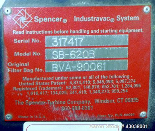 Used Spencer Turbine Series B Industravac Stationary Vacuum System, Model SB-620B, Carbon Steel. Consists of: (1) Multi-stage vacuum producer, approximate 430 SCFM, driven by a 20 hp, 3/60/208-230/46...