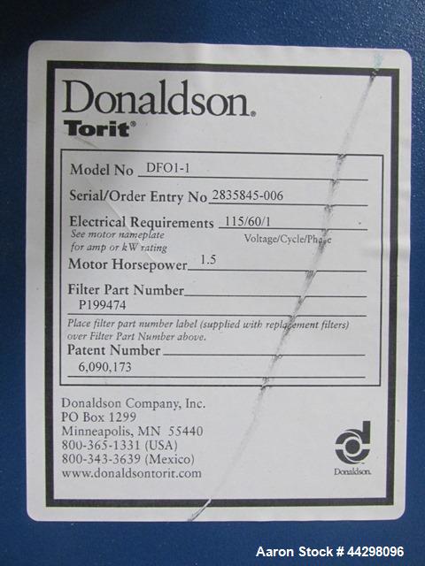 Used Donaldson Torit Downflo Oval Dust Collector, Model DFO1-1. 190 Square feet filter area, 115 volt, 1.5hp motor, serial# 2835845-006.