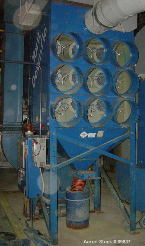 USED: Torit dust collector, model DFT3-18. 9 cartridge, reverse pulse jete. 3,420 square feet filter area, airflow cfm approximately 2,285-14,175. Includes a checkerboard control panel.