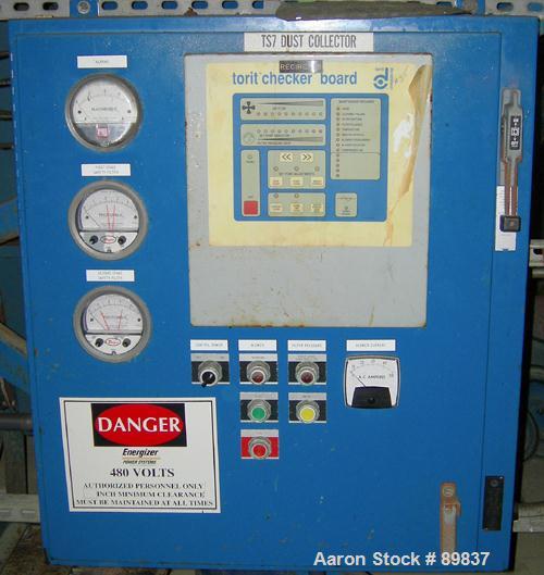 USED: Torit dust collector, model DFT3-18. 9 cartridge, reverse pulse jete. 3,420 square feet filter area, airflow cfm approximately 2,285-14,175. Includes a checkerboard control panel.