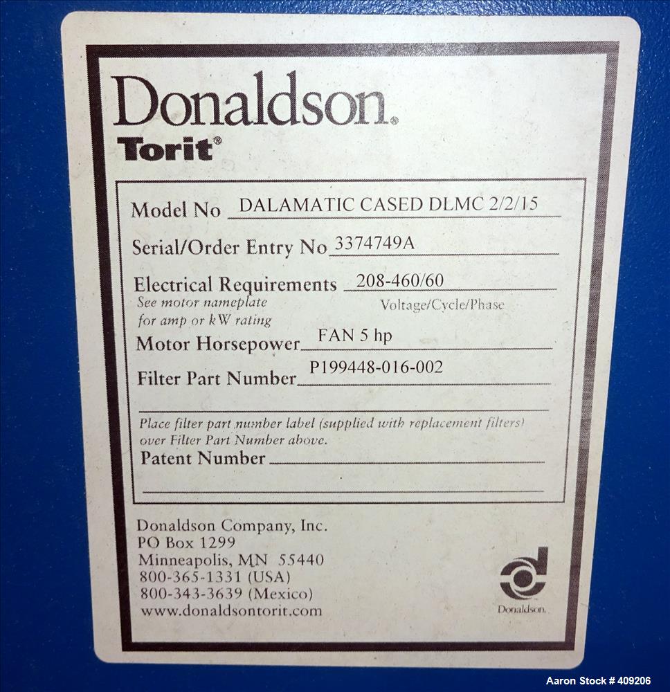 Used Torit Dalamatic Dust Collector, Model DLMC 2/5/15, Carbon Steel.