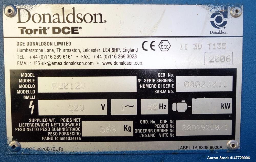 Used Donaldson/Torit DCE 2000 Series Dust Collector, Model F2012V, Carbon Steel