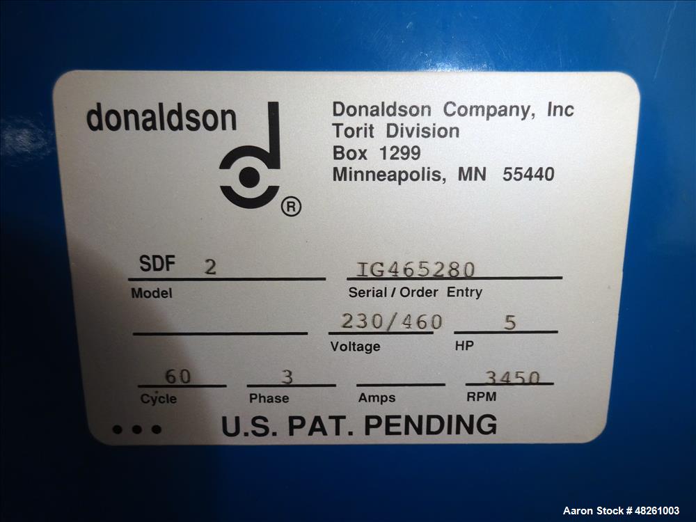 Used Torit Donaldson Downflo Filter Cartridge Dust Collector, Model SDF 2, Carbon Steel. Approximate 206 Square Feet. Approximate 200 - 600 CFM range. Mounted on 4 legs. Serial# IG465280.