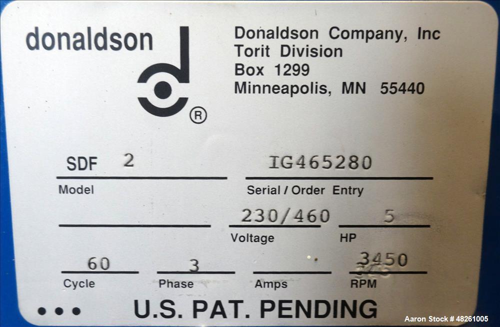 Used Torit Donaldson Downflo Filter Cartridge Dust Collector, Model SDF 2, Carbon Steel. Approximate 206 Square Feet. Approximate 200 - 600 CFM range. Mounted on 4 legs. Serial# IG465280.